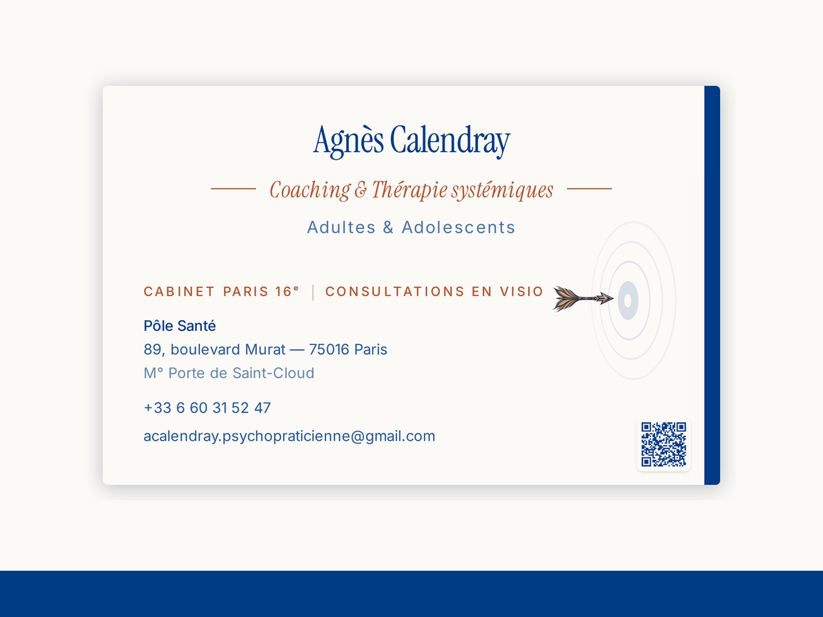 Recto de la carte de visite d'Agnès CALENDRAY, coach et thérapeute systémique
