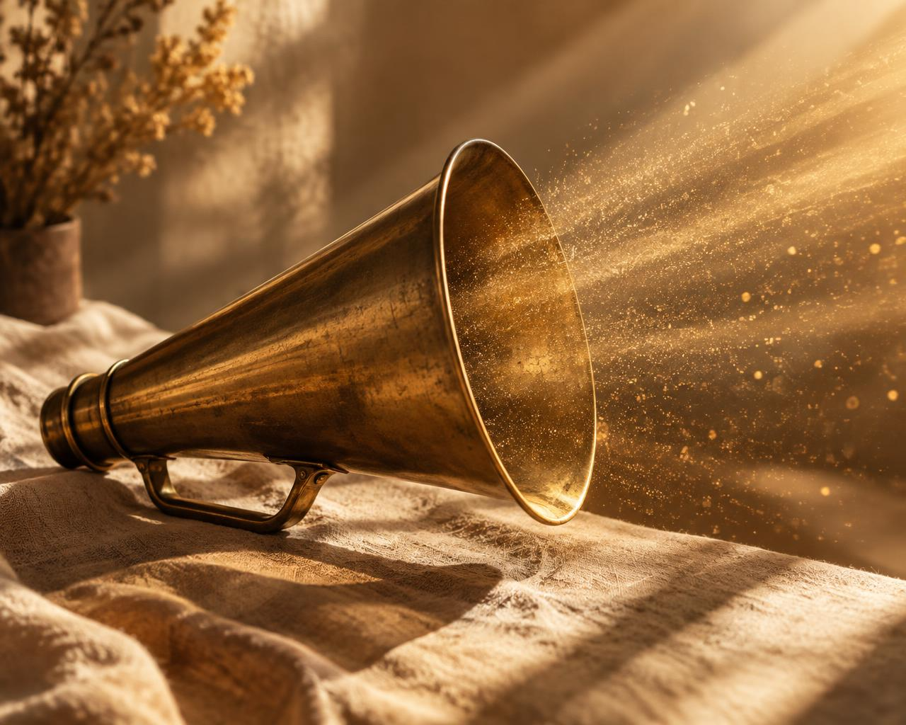 Megaphone ancien en laiton posé sur un tissu clair, une poudre dorée s'échappant de son pavillon dans la lumière