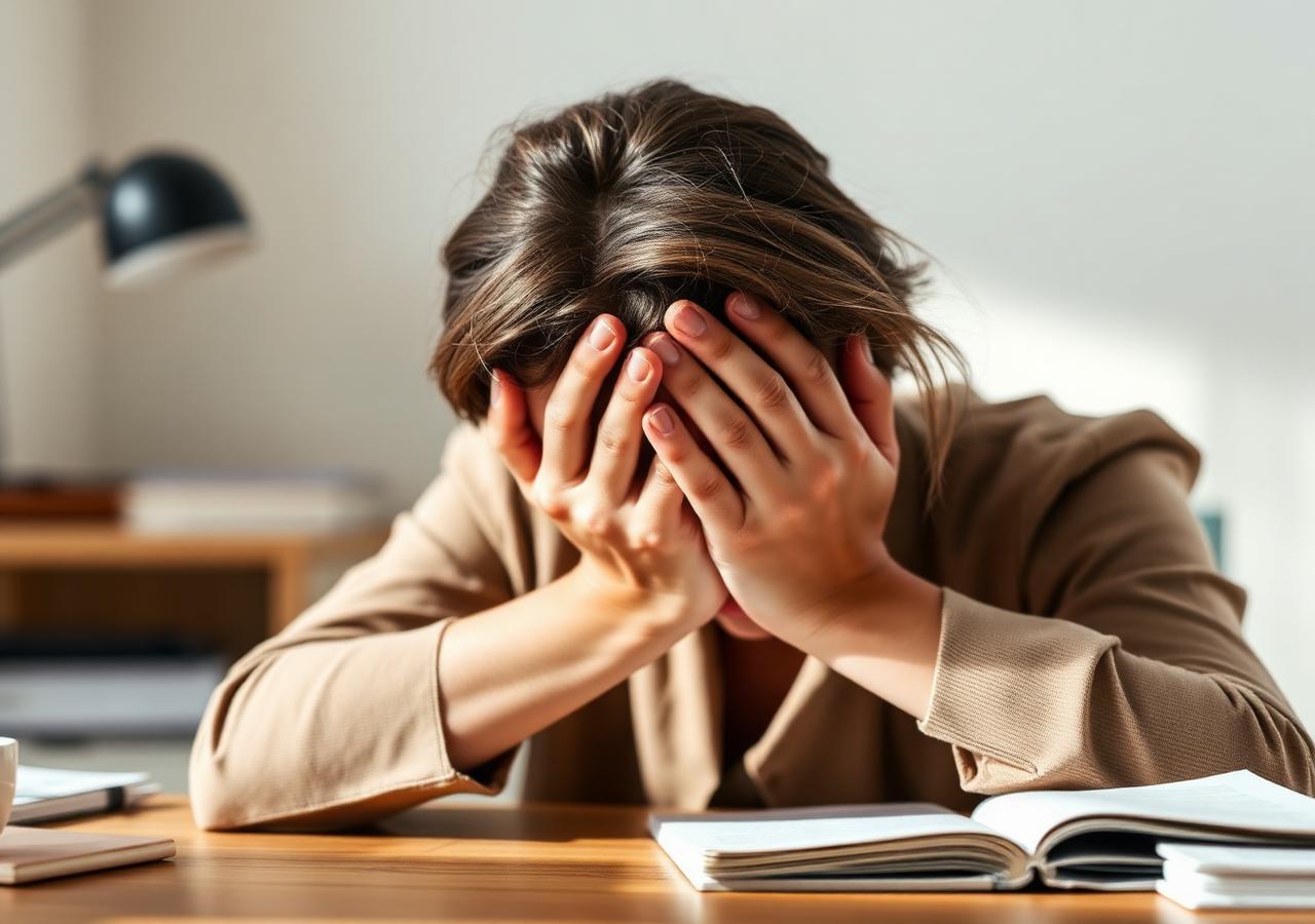 Personne à un bureau, les mains couvrant le visage