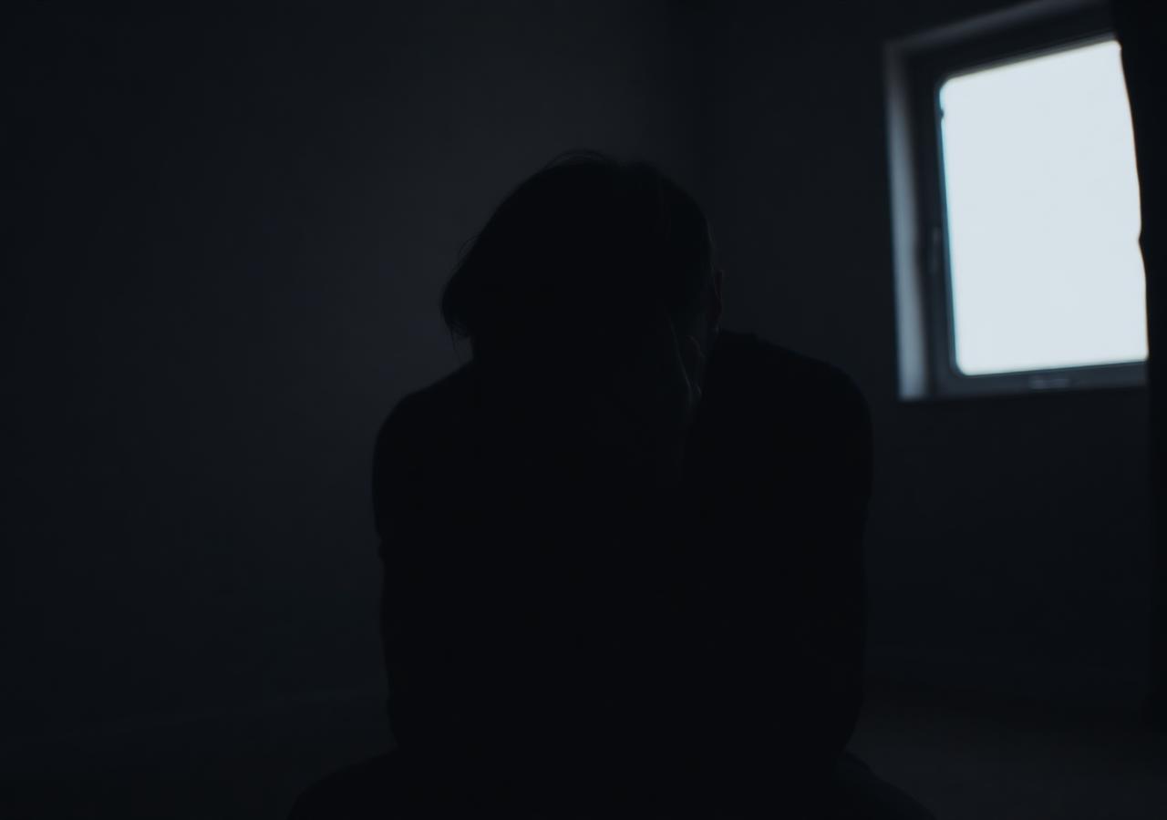 Silhouette d'une personne assise dans une pièce sombre, mains sur le visage