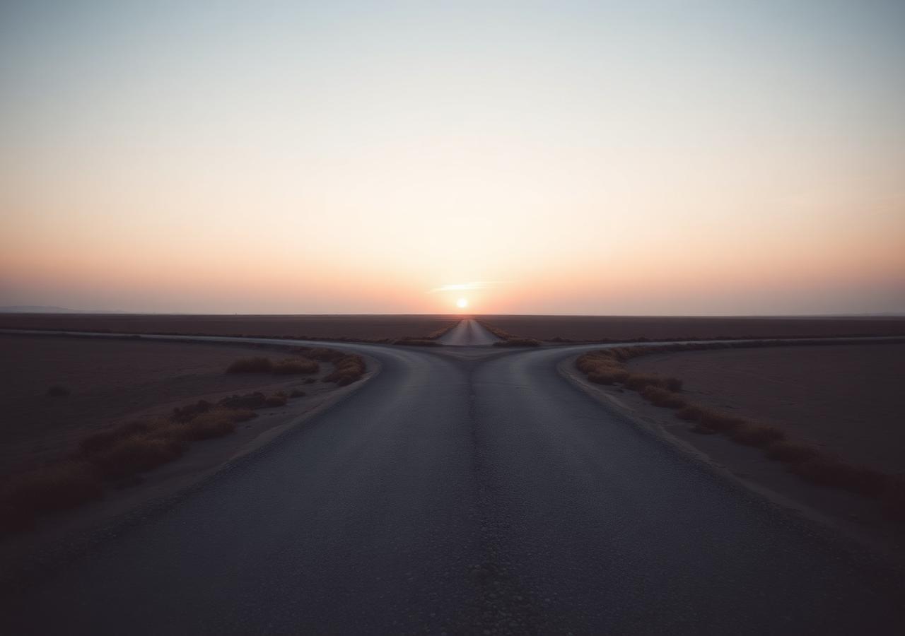 Deux chemins qui se séparent au coucher du soleil